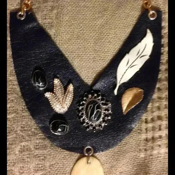 One Of A Kind Blue Leather Necklace  With Cameo & Beaded Leaves. Handmade By Me! - Picture 4 of 8